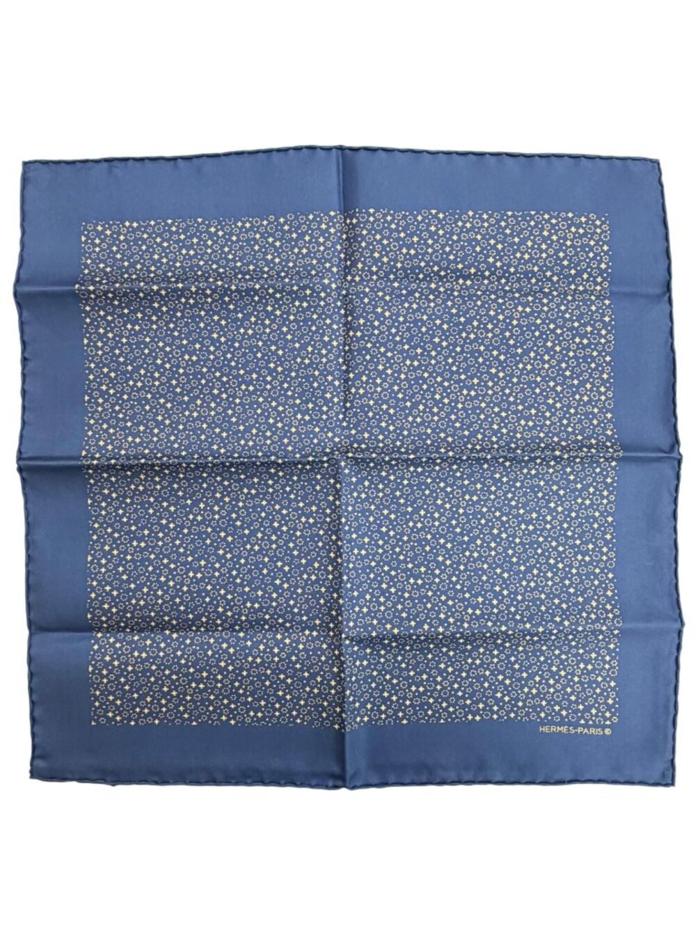 Hermes Silk 100% Petit Carre 45 Gavroche All Over Print Scarf Navy Yellow